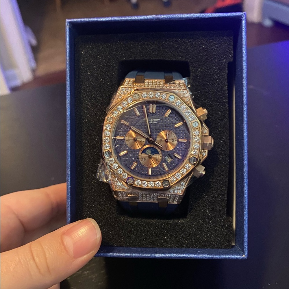 Pindu Design Dial Moon Phase Mechanical Watch Blue, 6533 Gold Shell With Drill